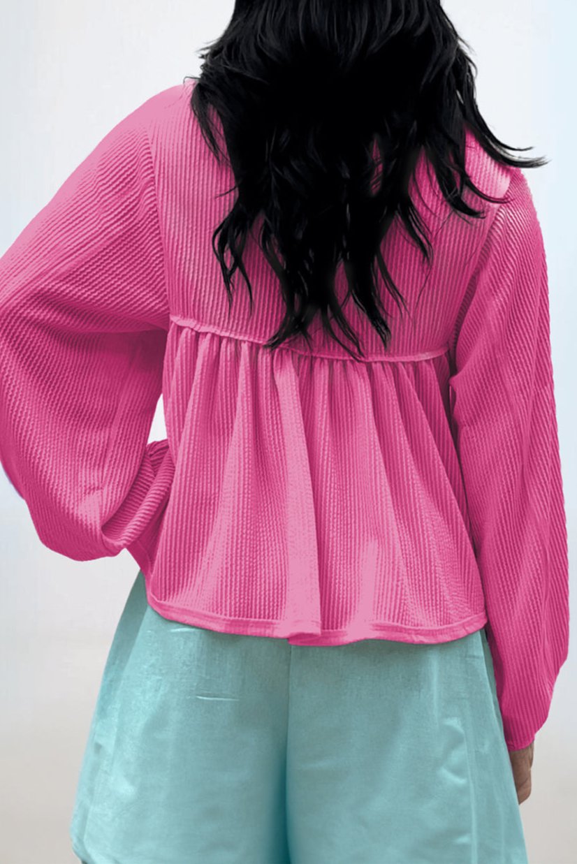 Corded V-Neck Bubble Sleeve Blouse