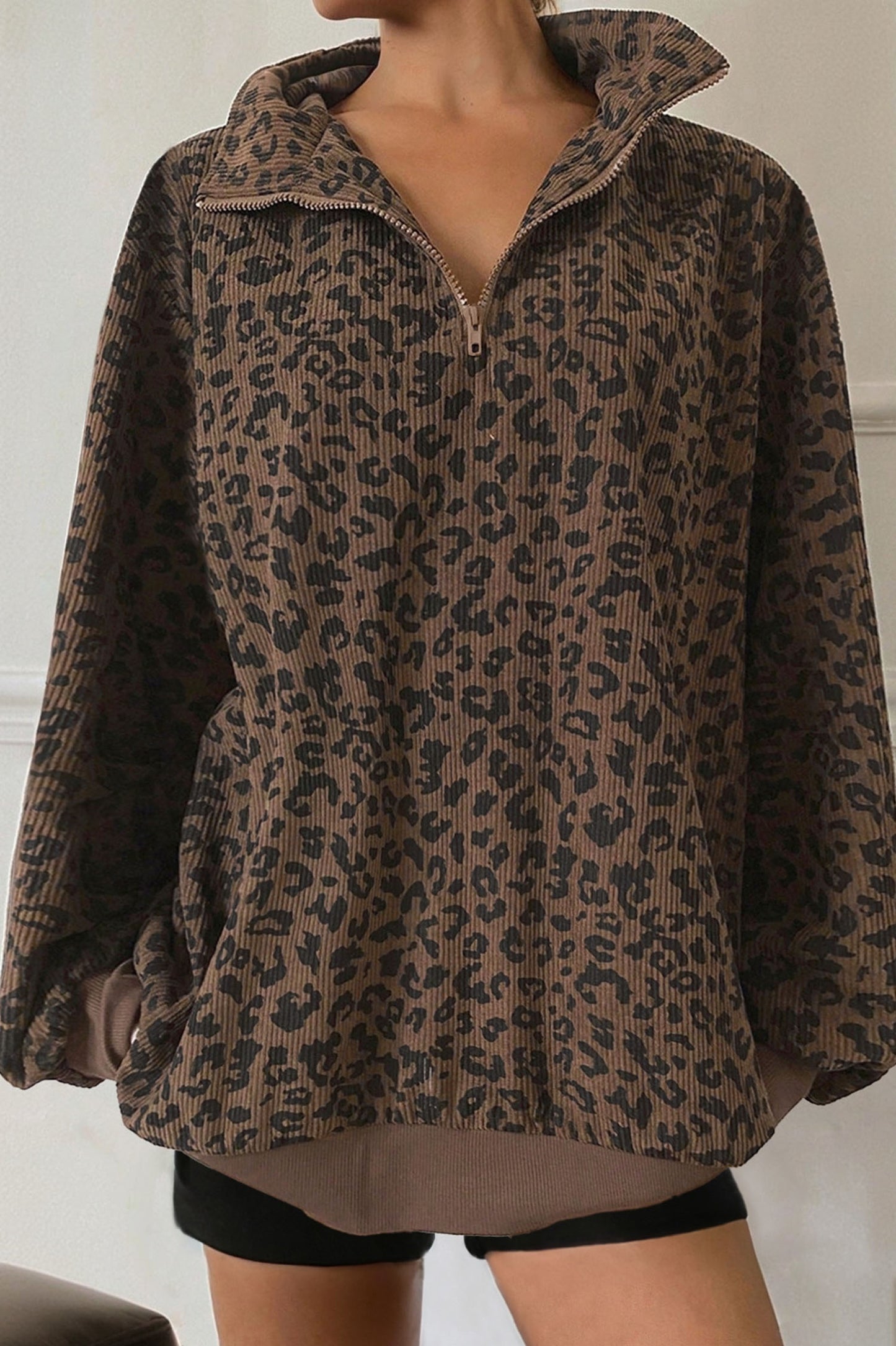 Brown Leopard Print Quarter Zip Corduroy Sweatshirt
