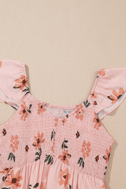 Floral V-Neck Smocked Ruffle Hem Maxi Dress