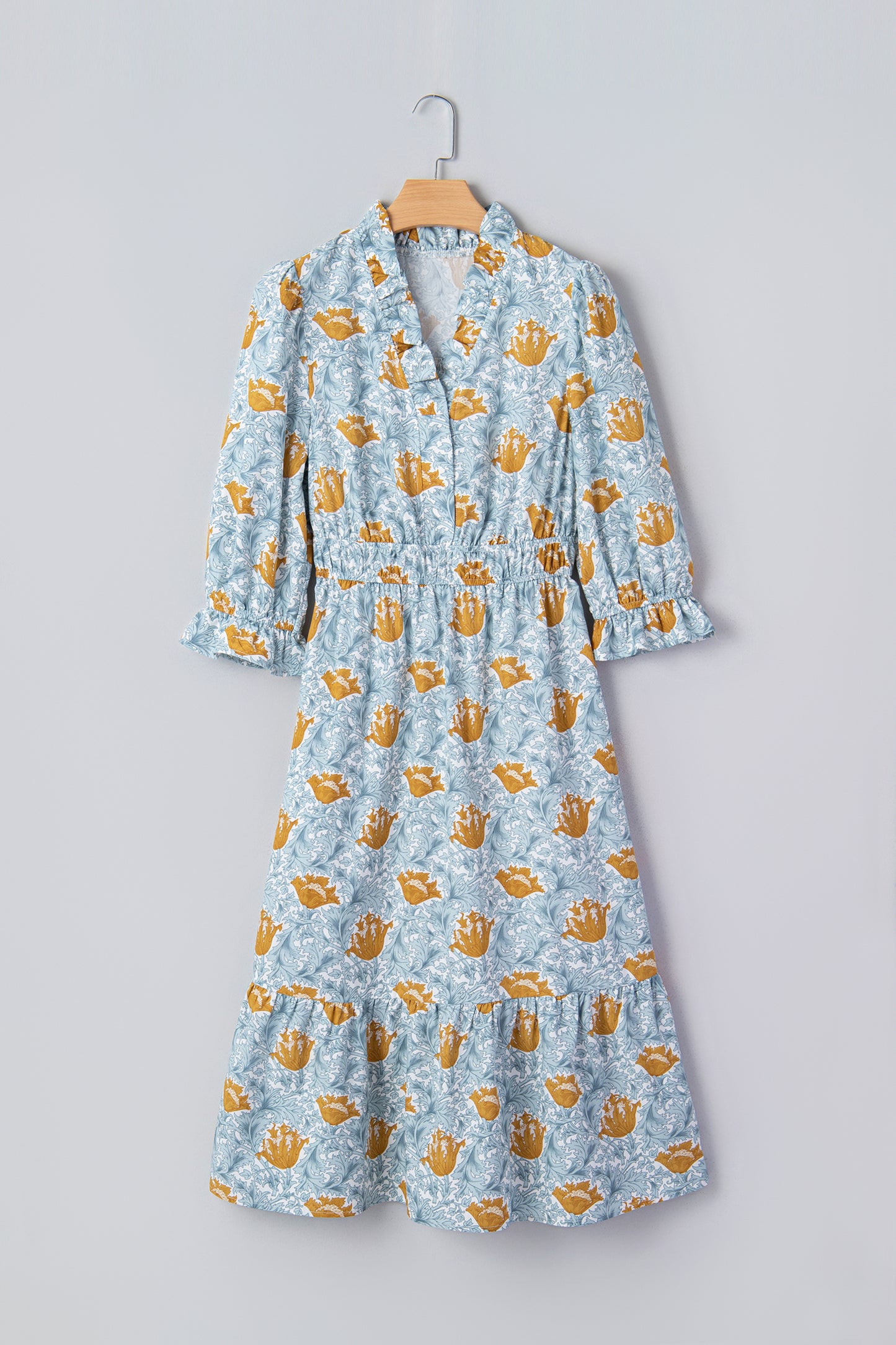 Floral Frilled V-Neck 3/4 Sleeve Midi Dress