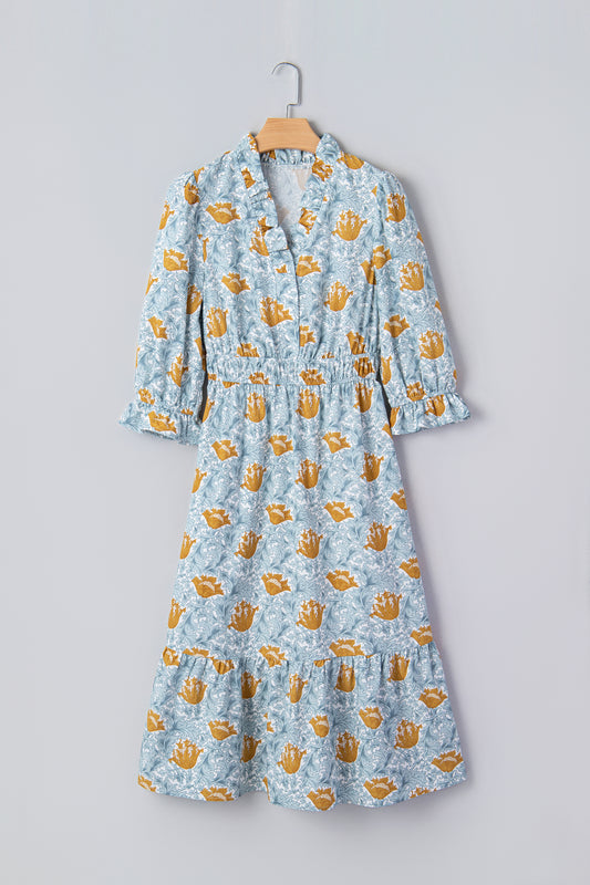 Floral Frilled V-Neck 3/4 Sleeve Midi Dress