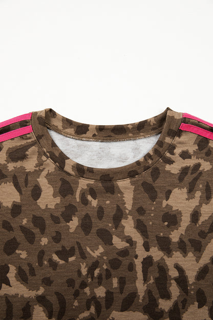 Leopard Contrast Stripe Mini T-Shirt Dress w/ Pockets
