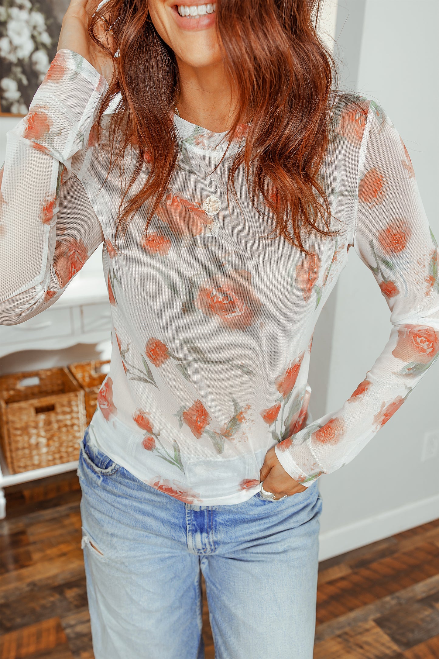 Floral Mesh Round Neck Long Sleeve Top