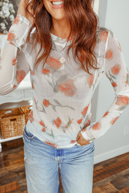 Floral Mesh Round Neck Long Sleeve Top