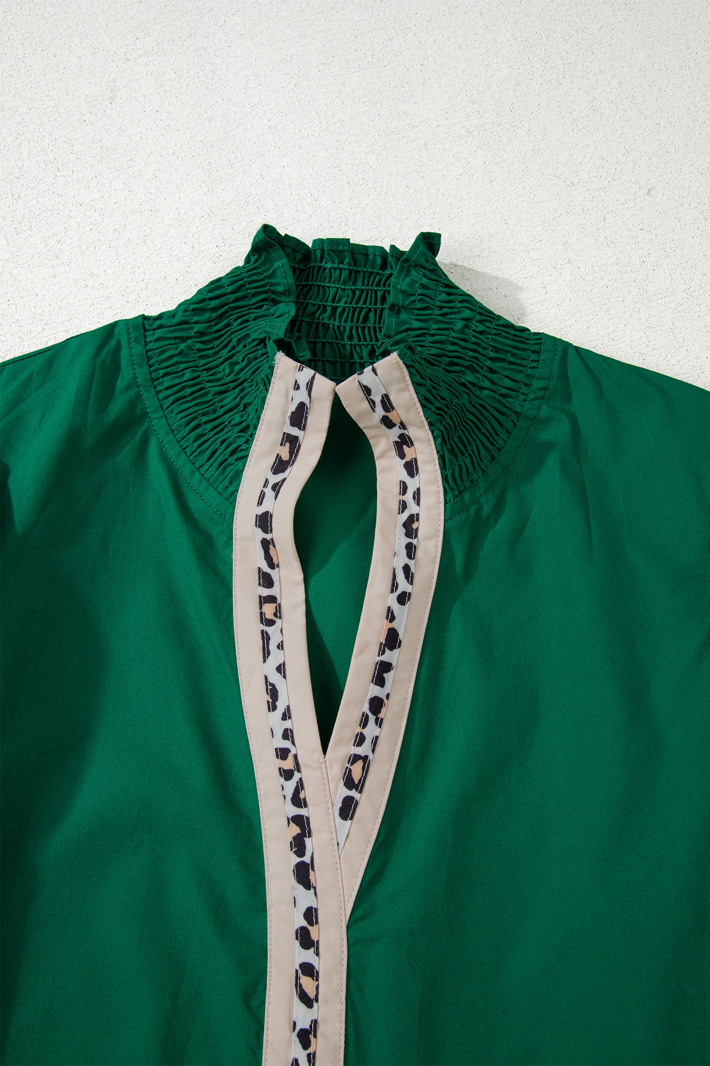 Leopard Trim V-Neck Puffy Flounce Sleeve Blouse