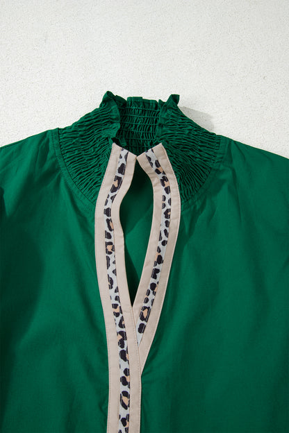 Leopard Trim V-Neck Puffy Flounce Sleeve Blouse