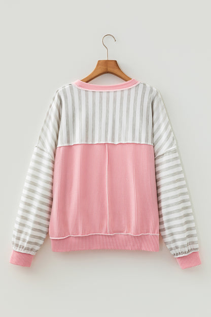 Stripe Corded Knit Patchwork Long Sleeve Top