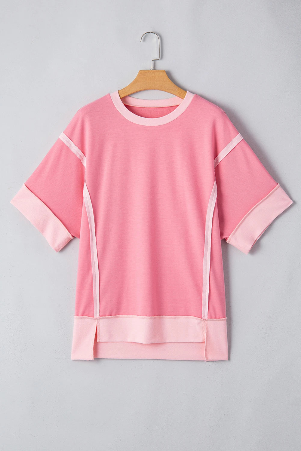 Colorblock 3/4 Sleeve Raw Seam High-Low Top