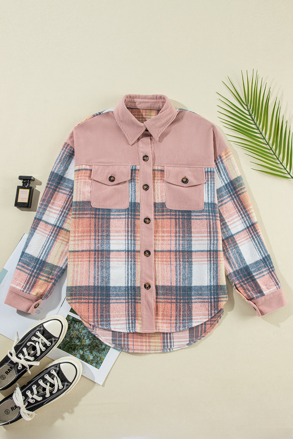 Plaid Corduroy Patchwork Chest Pocket Buttoned Shacket