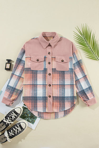Plaid Corduroy Patchwork Chest Pocket Buttoned Shacket