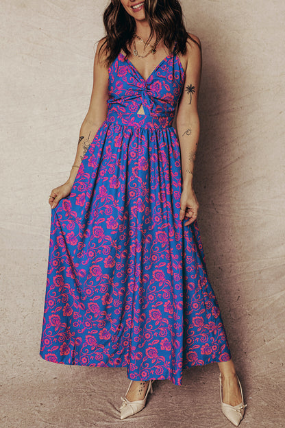 Floral Twisted V-Neck Tied Backless Maxi Dress
