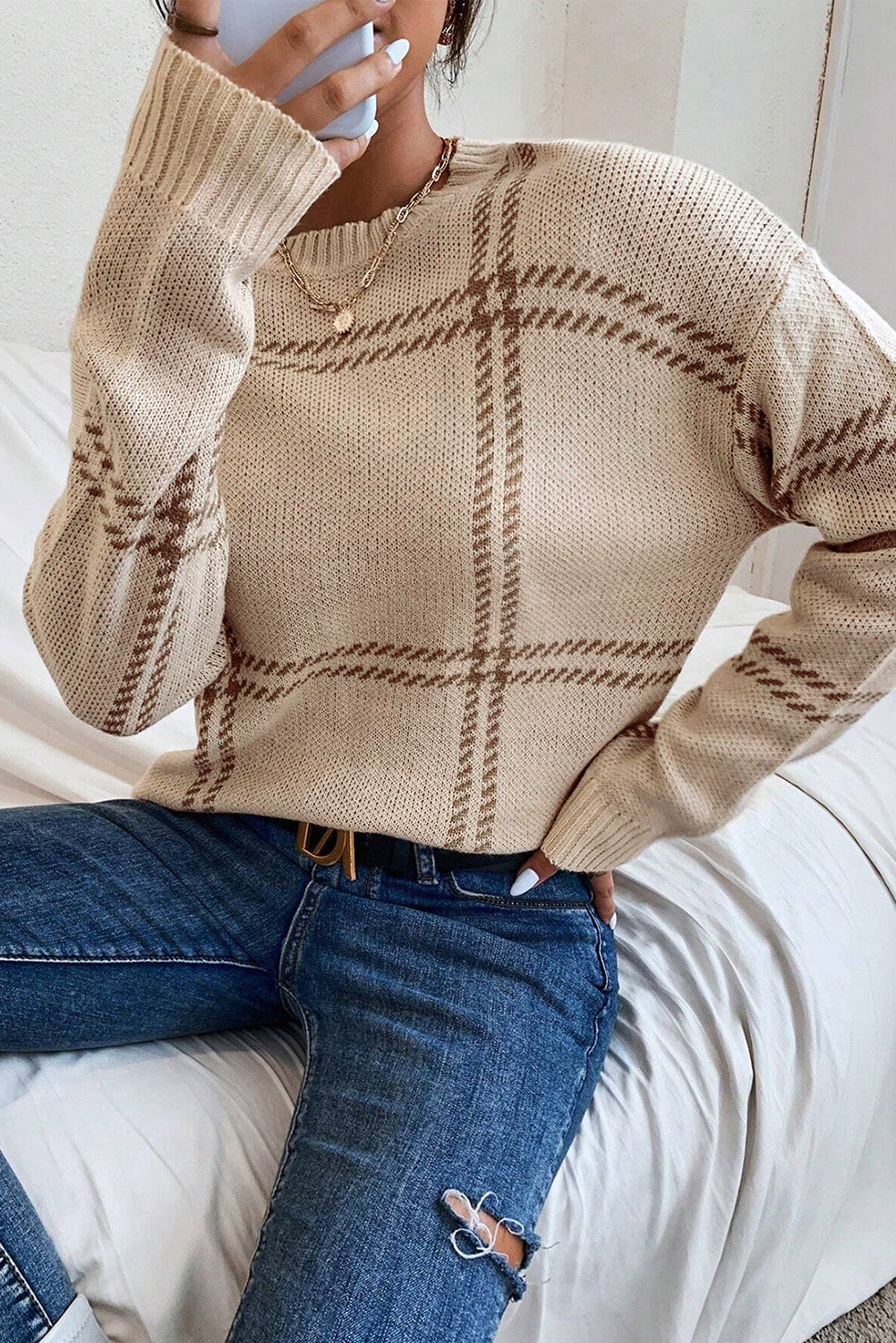 Plaid Drop ShoulderCrewneck Sweater