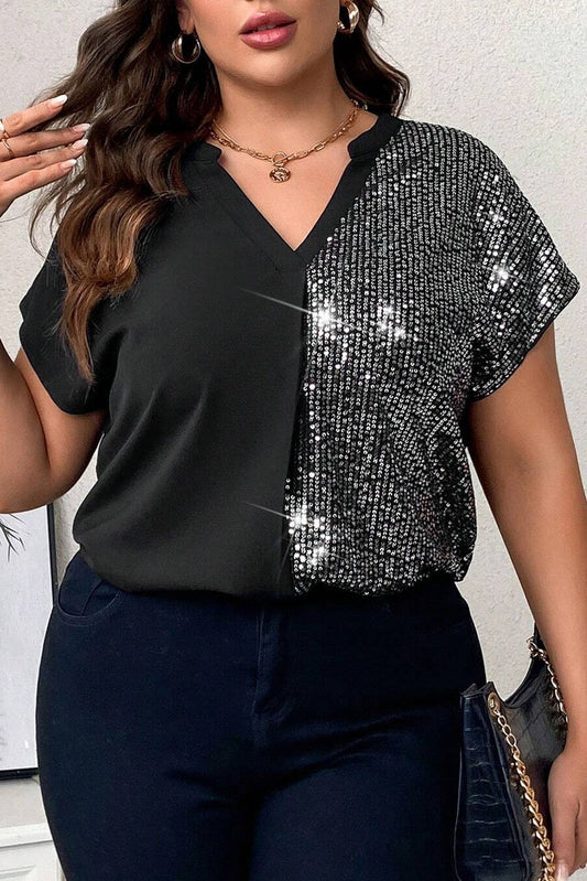 Sequin Patchwork V-Neck Tee Plus Size