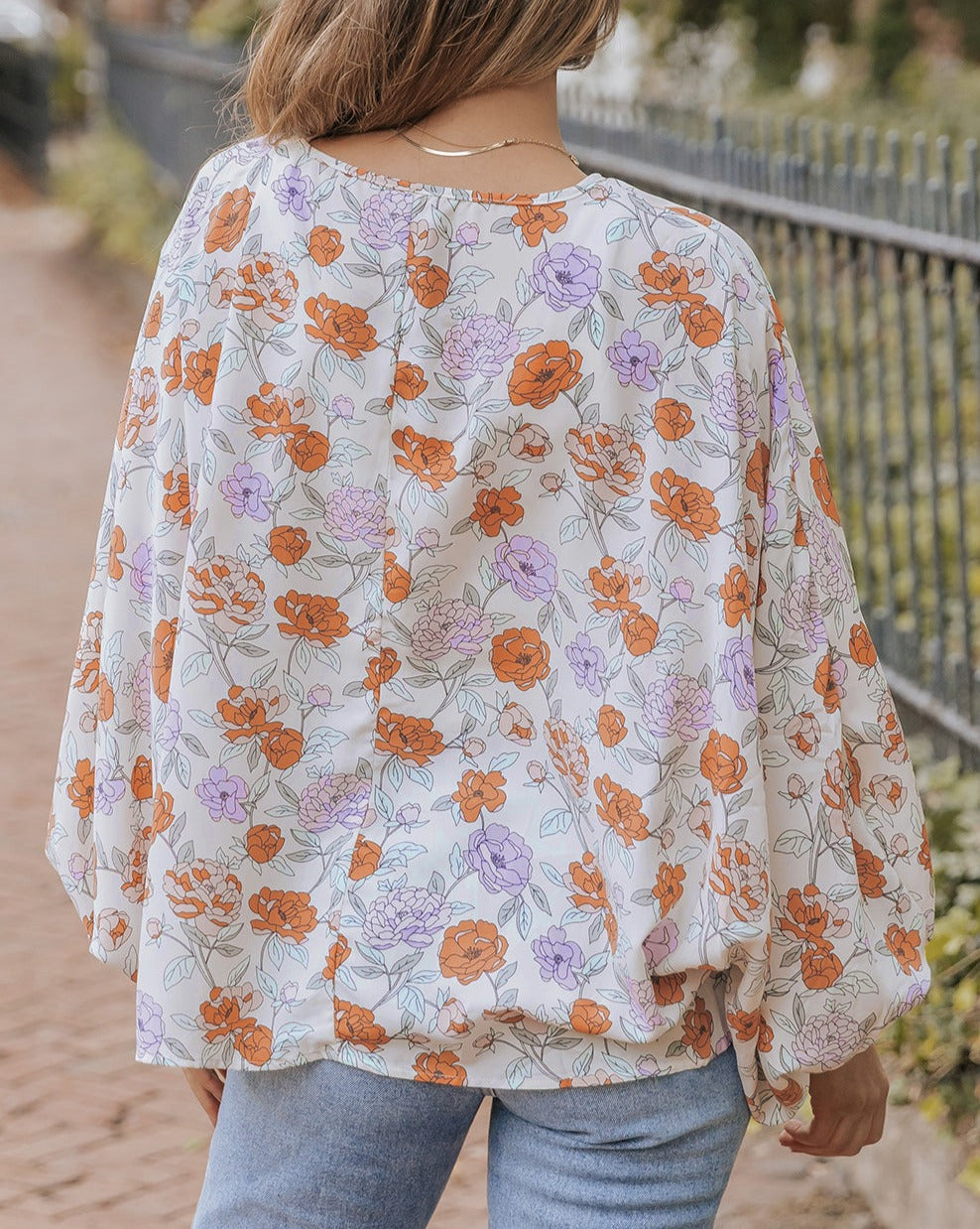 Floral Lantern Sleeve V-Neck Blouse