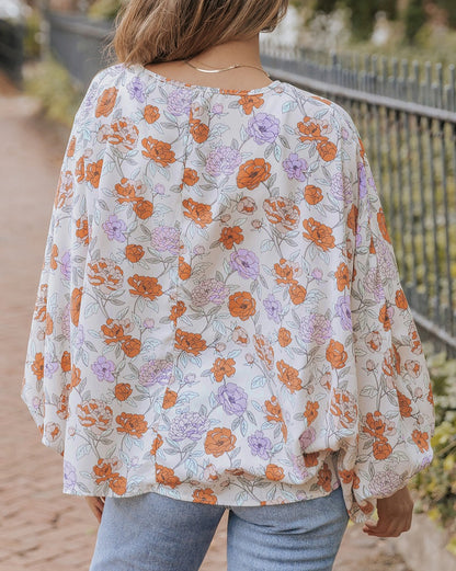 Floral Lantern Sleeve V-Neck Blouse