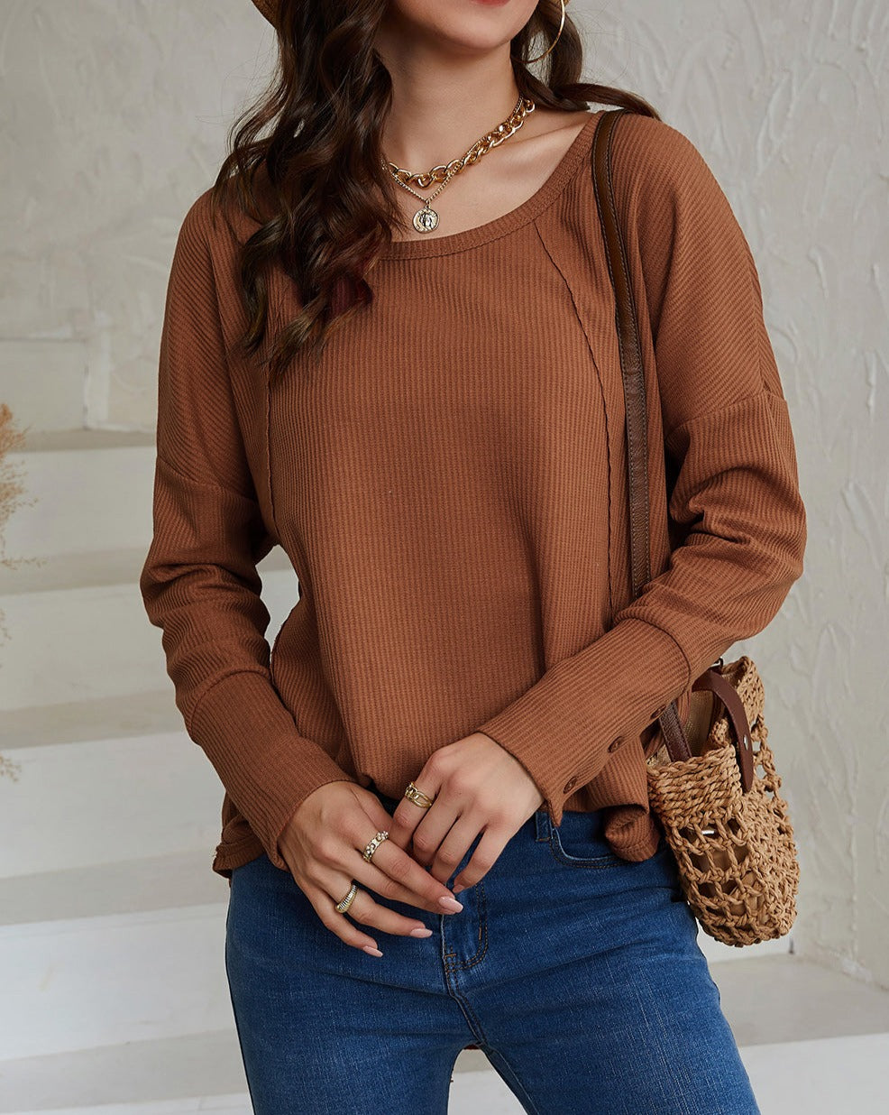 Waffle Pleated Long Sleeve Top