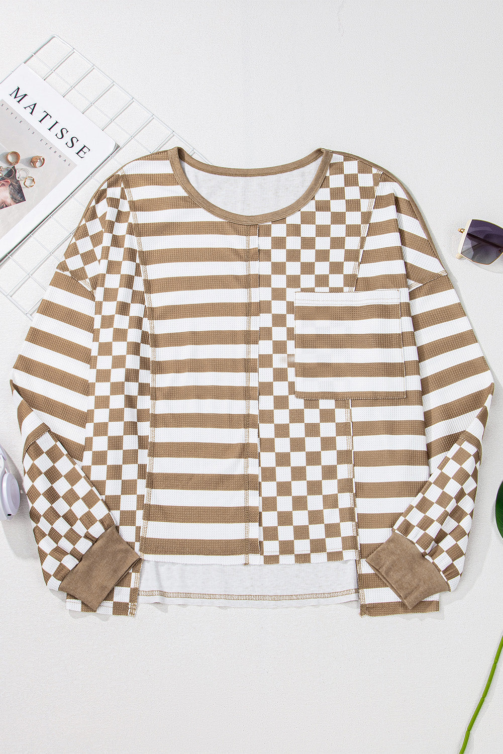 Checker Stripe Patchwork Pocketed Blouse