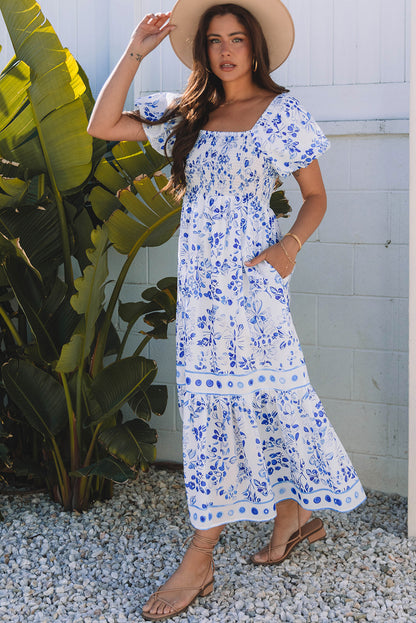 Floral Square Neck Bubble Sleeve Maxi Dress