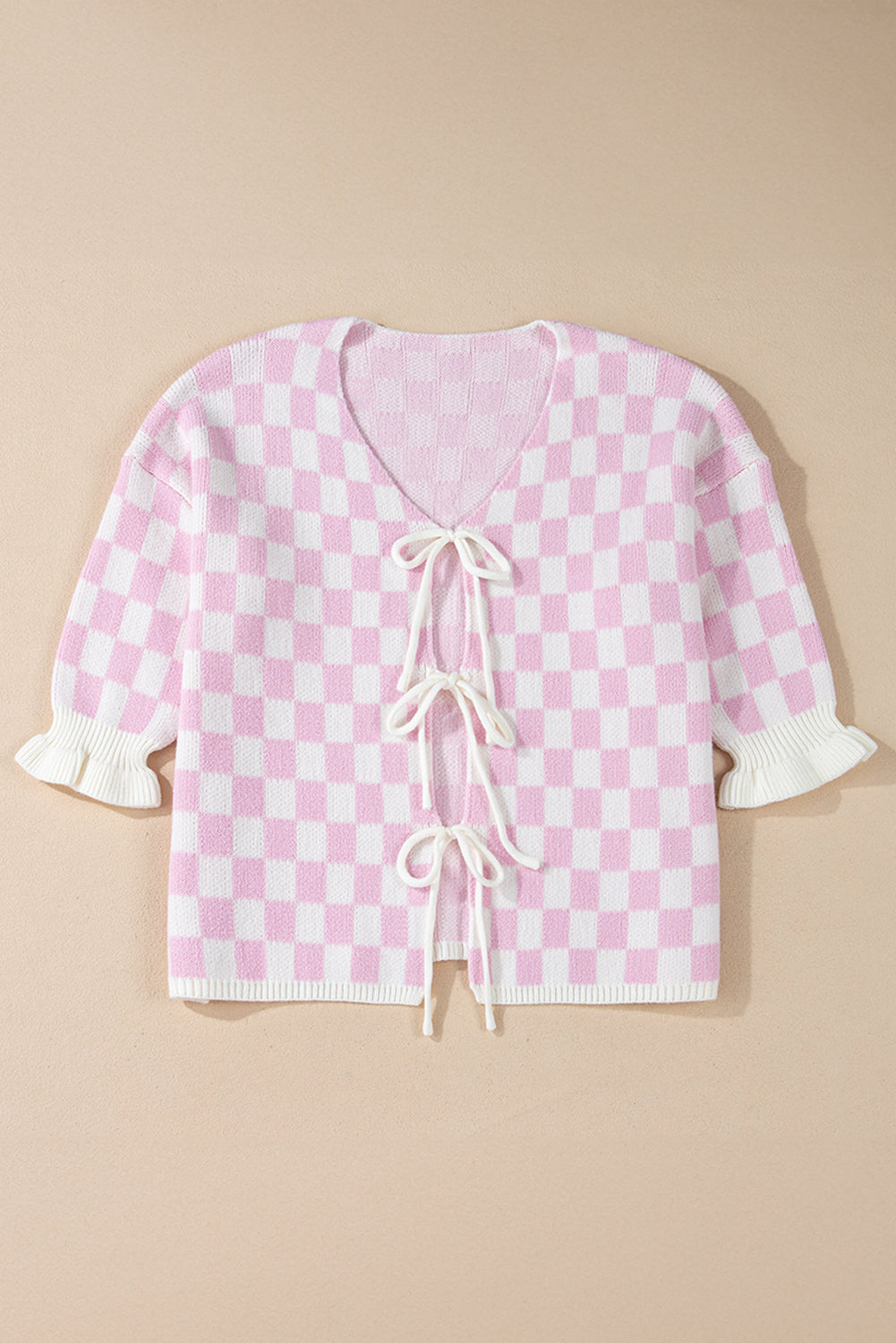 Checker 3/4 Sleeve Tie Front Cardigan