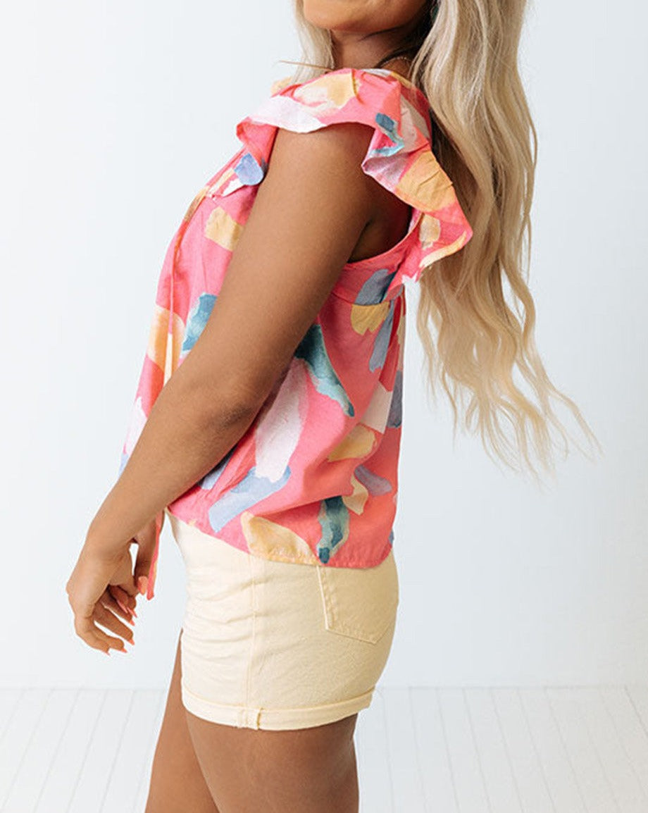 Abstract Ruffle Cap Sleeve Top