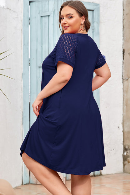 Plus Size Solid Lace Short Sleeve Pleated Dress