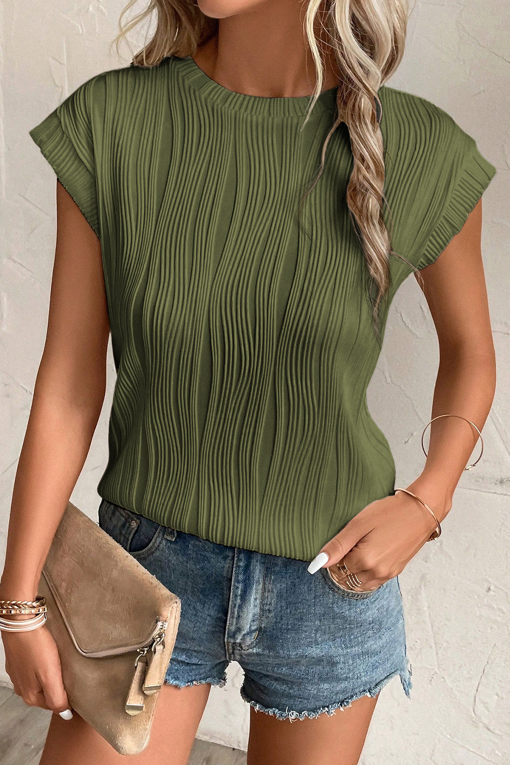 Wavy Textured Cap Sleeve Top