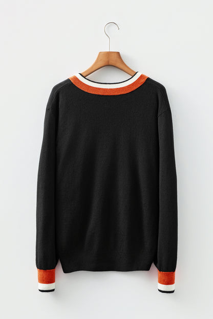 Varsity Stripe Contrast Trim V-Neck Sweater