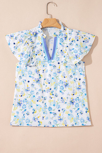 Floral Frill Notch V-Neck Blouse