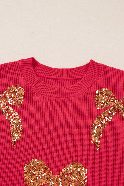 Christmas Sequin Bow Drop Shoulder Sweater