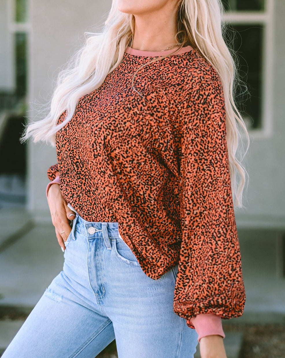 Leopard Bubble Sleeve Pullover Sweatshirt