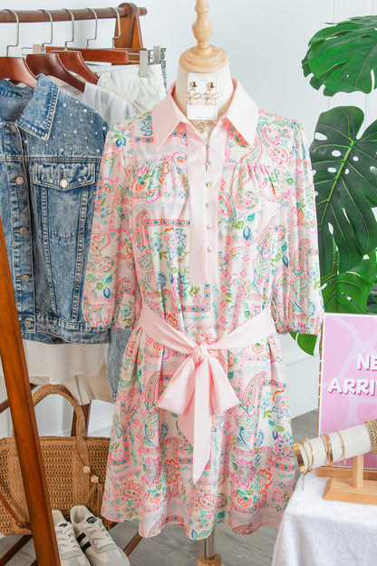 Boho Floral Colorblock 3/4 Sleeve Belted Mini Dress