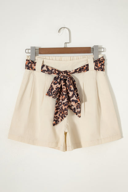 Leopard Contrast Belt Pleated Wide Leg Shorts