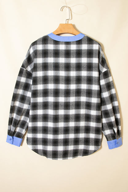 Plaid Contrast Stripe Edge Half-Placket Blouse