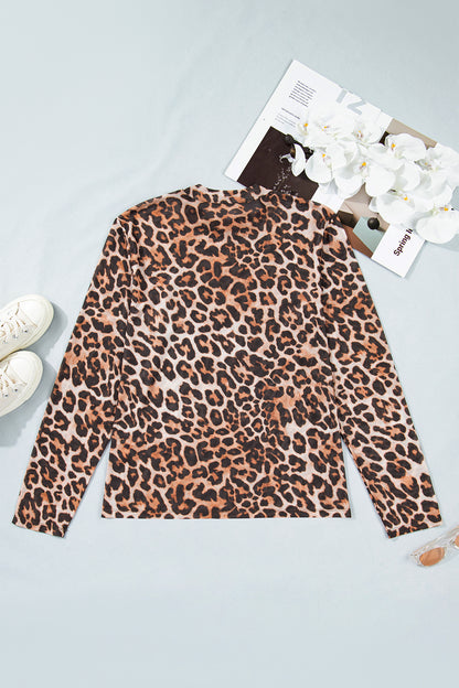 Plus Size Leopard Mesh Mock Neck Top