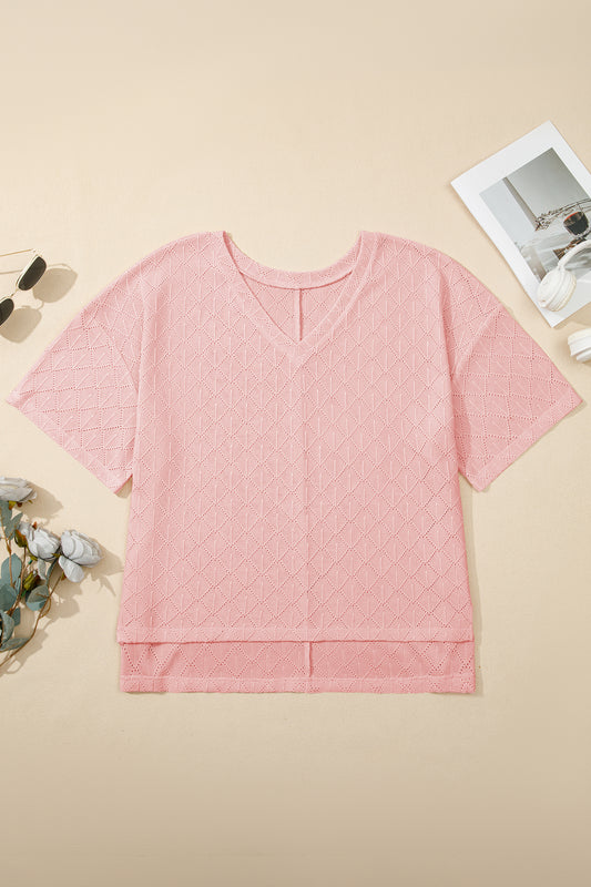 Plus Size Rhombus Pointelle Knit V-Neck Top
