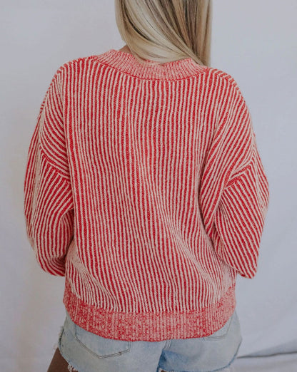 Stripe Ribbed Round Neck Sweater