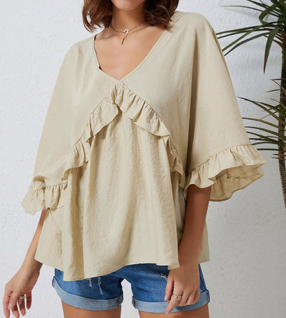 Ruffle Loose Fit V Neck Top