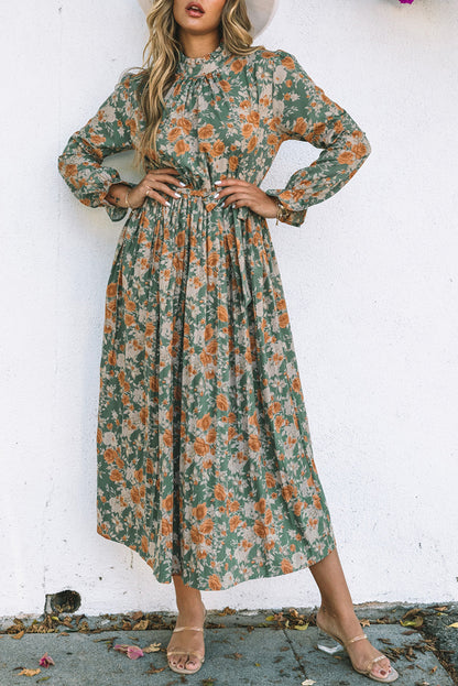 Floral Pleated Long Sleeve Maxi Dress