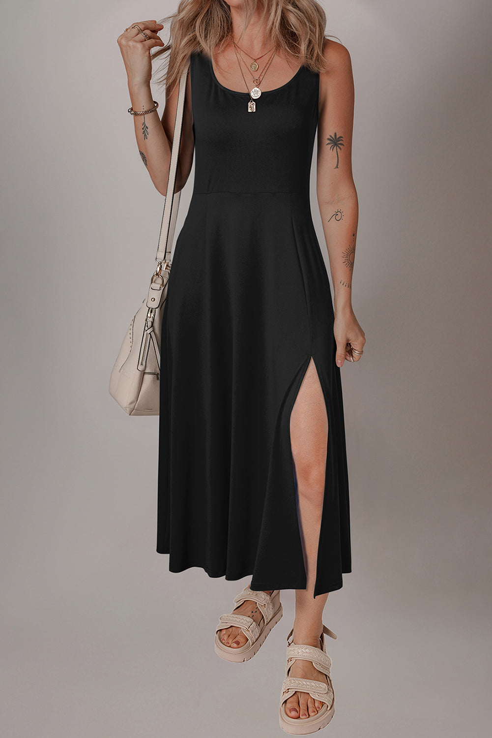 Sleeveless Flared Slit Midi Dress