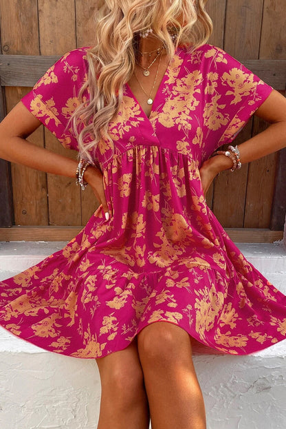 Floral Ruffle Batwing Sleeve Dress