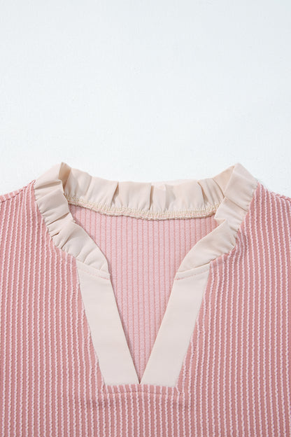 Plus Size Corded Ruffle Sleeve Frilled V-Neck Blouse