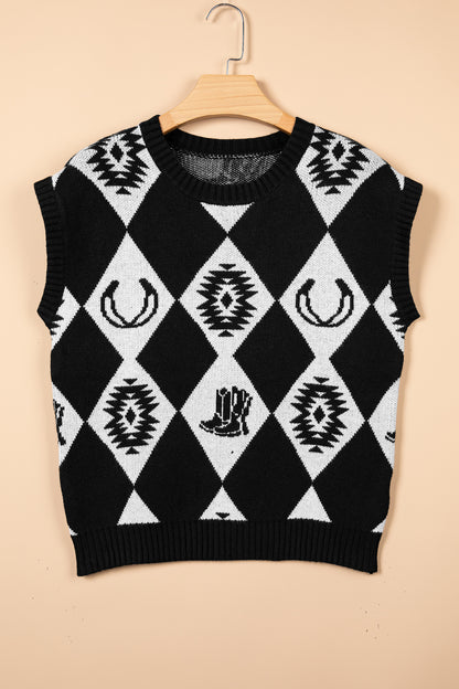 Western Retro Rhombus Short Sleeve Knit Top