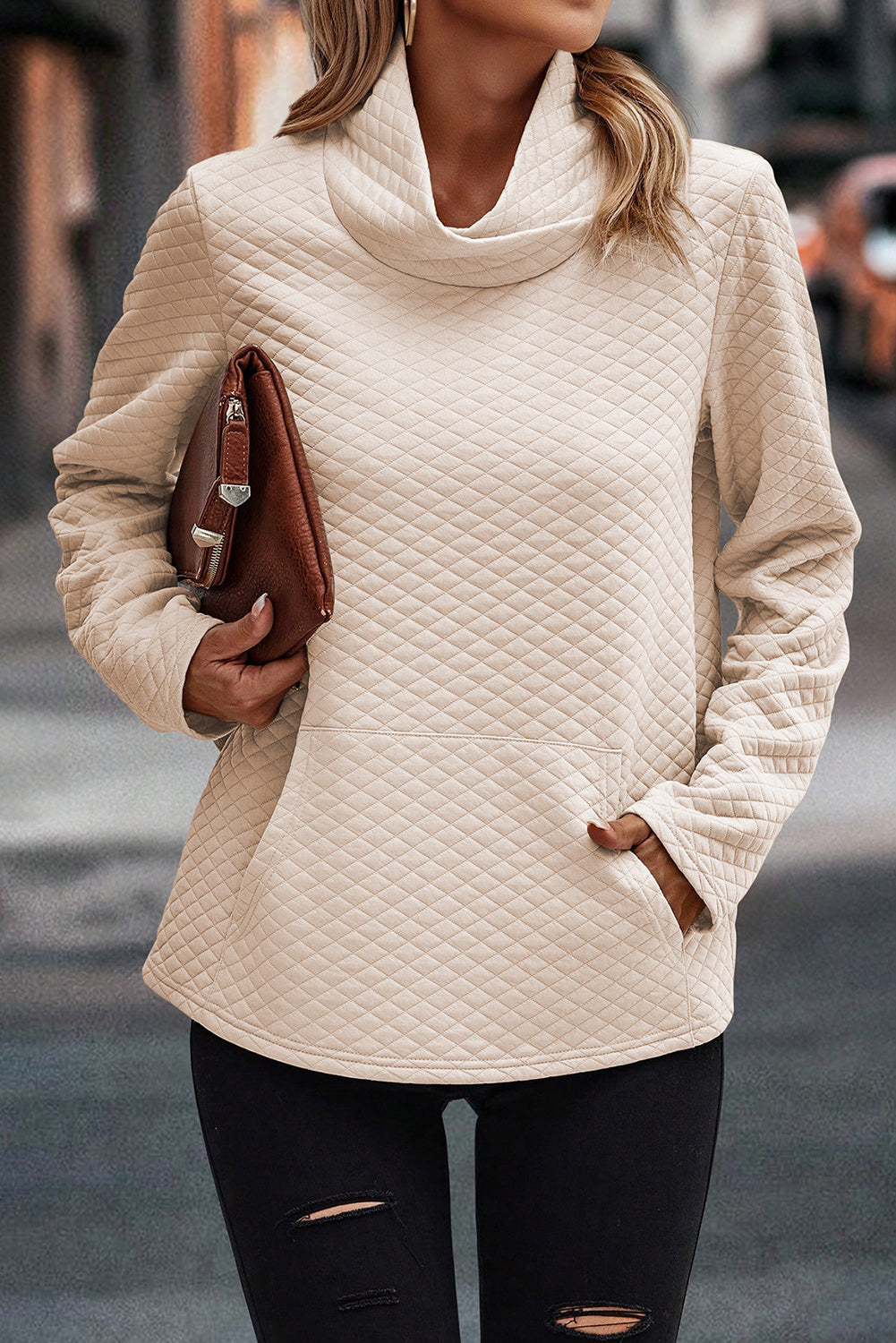 Quilted Kangaroo Pocket Turtleneck Sweatshirt