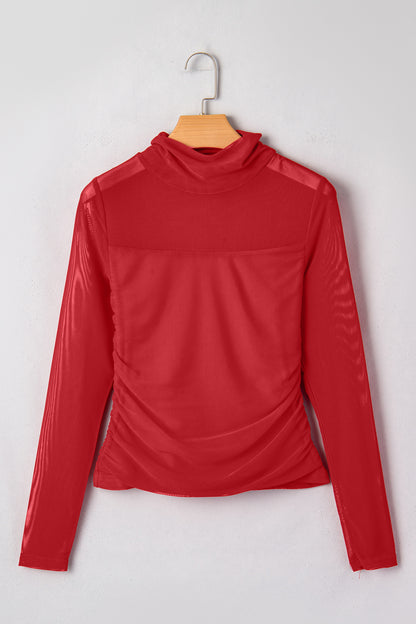 Sheer Mesh Patchwork High Neck Long Sleeve Top
