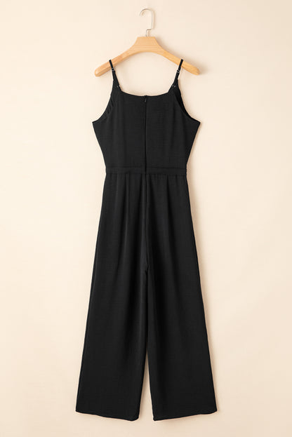 Solid Spaghetti Strap Wide Leg Drawstring Jumpsuit