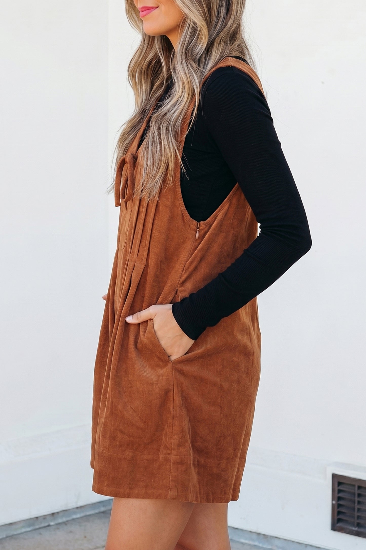 Solid Tie V-Neck Sleeveless Corduroy Romper