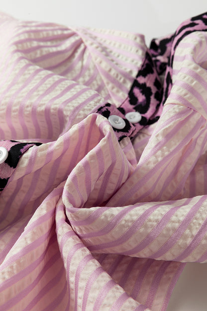 Stripe Leopard Patchwork Long Sleeve Shirt