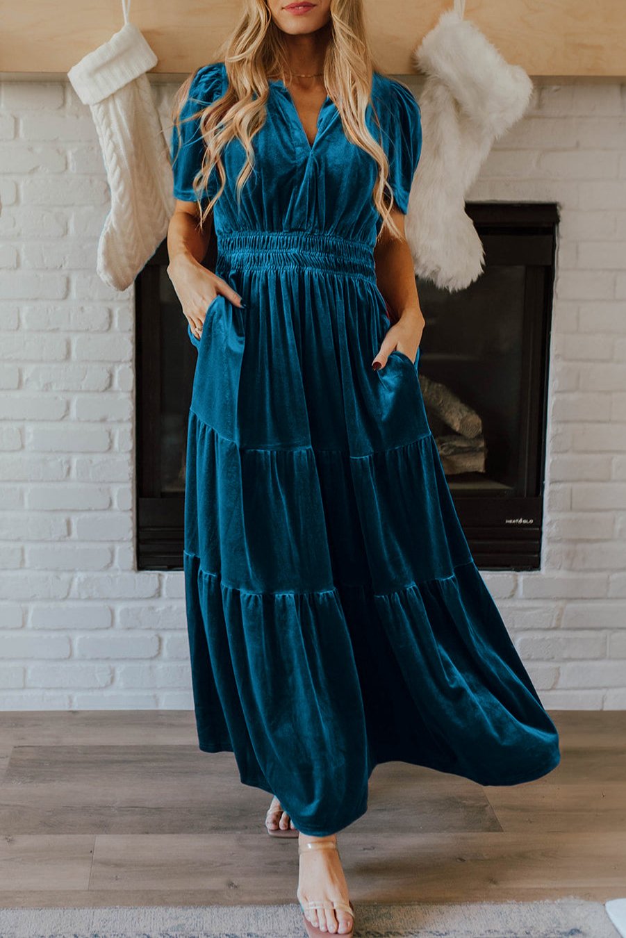 Velvet Shirred Waist Maxi Dress