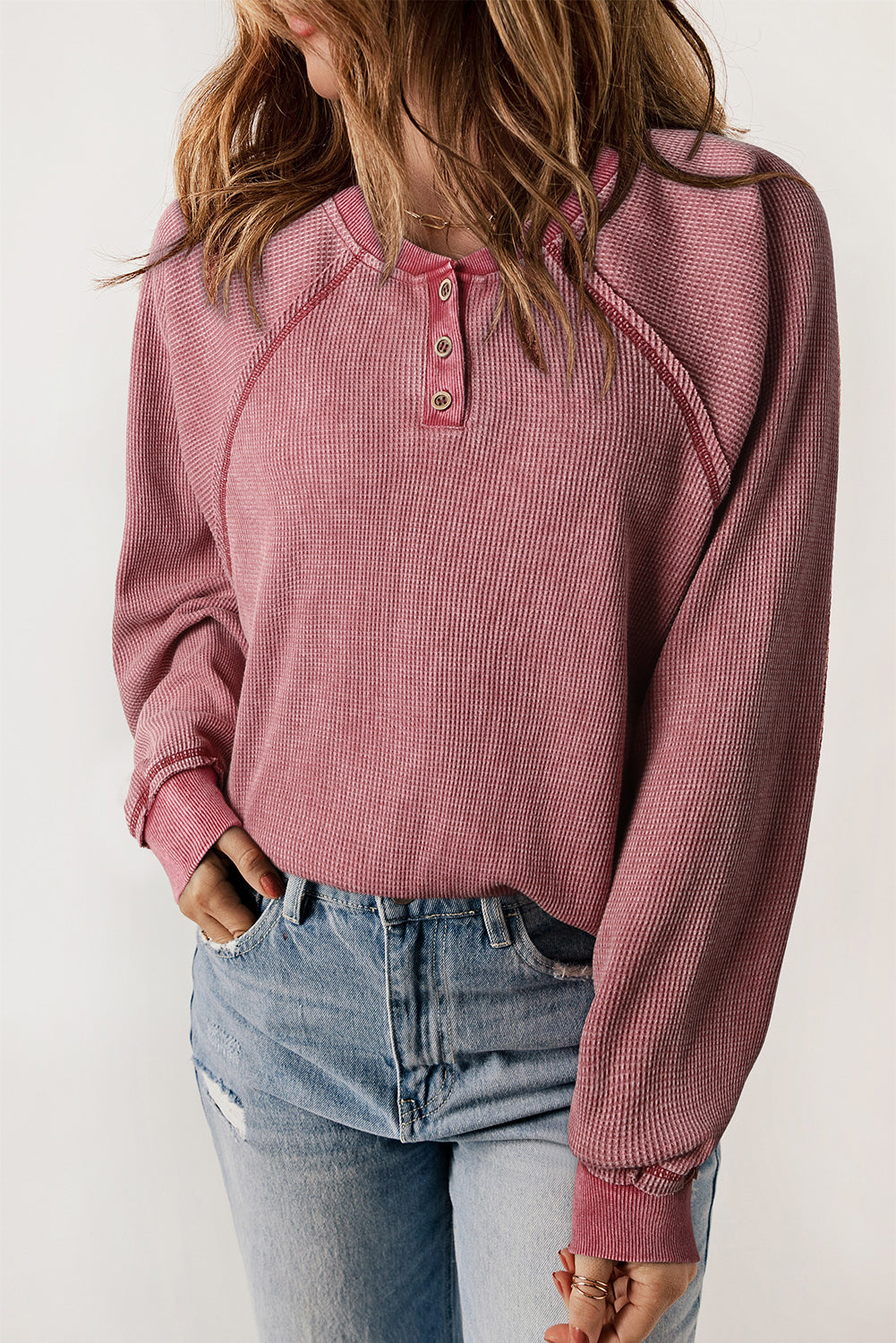 Waffle Raglan Sleeve Henley Sweatshirt