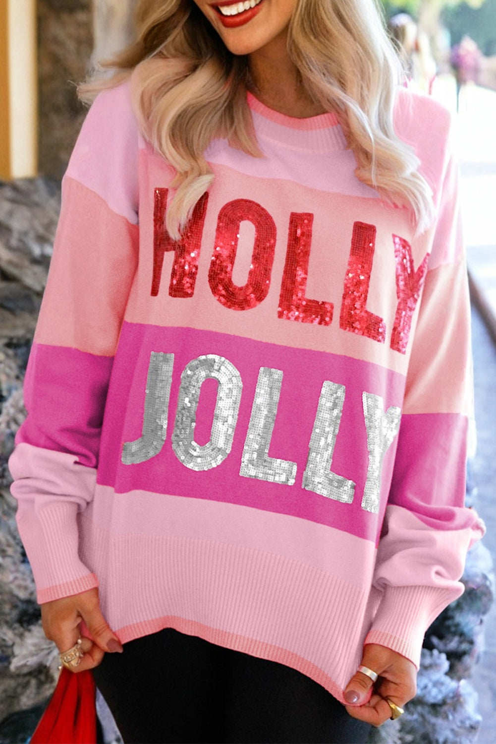 Christmas HOLLY JOLLY Sequin Colorblock Crewneck Sweater